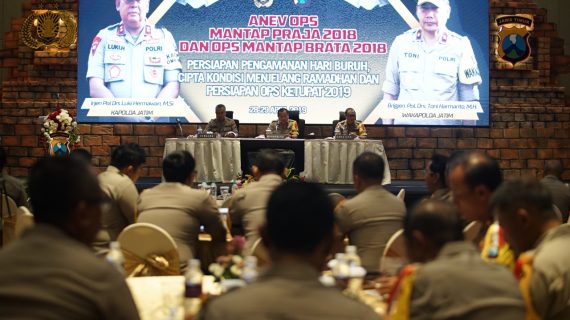 Wakapolda Jatim Toni Harmanto, MH  pimpin  Anev Ops Mantap Praja dan Mantab Brata 2018 yang dihadiri oleh seluruh Kapolres Jajaran Jawa Timur