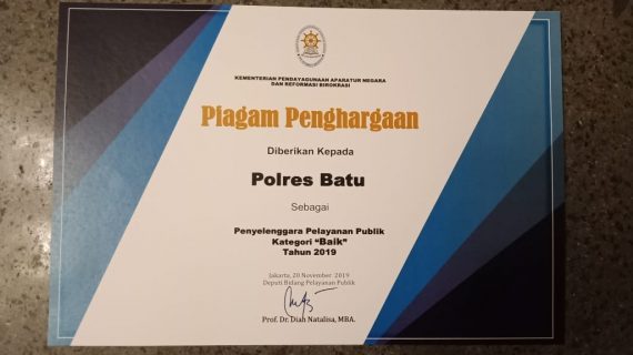 Amazing , Polres Batu kembali raih penghargaan dari Kemenpan RB dalam pelayanan kepada masyarakat